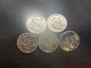 Five BU 1963 Franklin Silver Half Dollars
