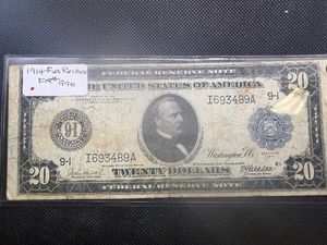 Rare 1914 Minneapolis $20 Large Size Horse Blanket Federal Reserve Note