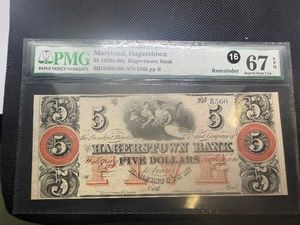 1850 - 1860s Maryland Hagerstown Bank $5.00 Obsolete Bank Note PMG Superb Gem 67