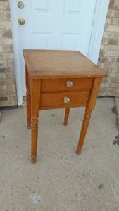 Very Early Grain Painted 2 Drawer Side Table with Glass Knobs