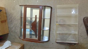 Swivel Plastic Display Case and Wood Display Shelf with Curved Glass Sides