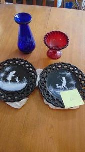 Fenton Handpainted Red Capote, 2-Black Plates with Handpainting and Blue Etched Vase