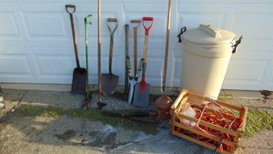 Trash Can, Yard Tools and Extension Cord