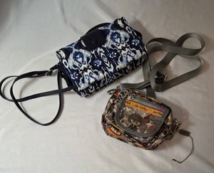 New Vera Bradley RFiD Tech Smartphone Crossbody Bag. Bag is made of Quilted material and is 8 x 5     Vintage print crossbody or shoulder bag featuring cartoon graphics and a heart zipper pull. Bag is 6 x 5.