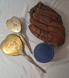Vintage Leather Left Handed Baseball Glove, Vintage 2 Piece Miror and Hairbrush set from the 50s, Jar of Vintage Buttons