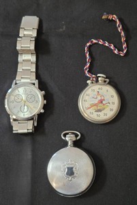 3 Watches  - 1957 Speed TimerStop Watch, Ever Swiss Pocket Watch 17 jewels, GENEVA Wrist Watch.  All are untested.