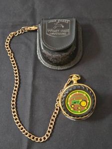 Franklin Mint John Deere Model B Tractor Pocket Watch in Leather Case - Working  (see video) - Very Collectible