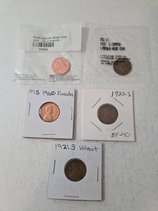 2010 Lincoln Cent - Unc., 1937 G Copper Wheat Penny, 1920 S Wheat Penny, 1921 S Wheat Penny, 1960 Lincoln Penny - Unc. MS