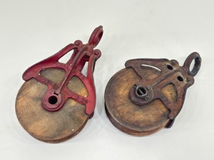 2 Vintage Hudson Wood And Cast Iron Pulley Mall 823 and 1133