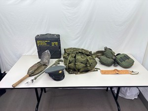 Large Lot of Vintage Military Clothes, Shovel, etc.