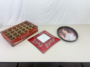 Lot of Vintage Coca Cola Wood Bottle Crate, Serving Tray and Glass Lamp Shade