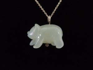 .925 Sterling Silver Carved Jade Pig Pendant Necklace
