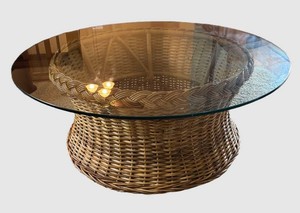 LR - Vintage Glass Top Wicker Coffee Table