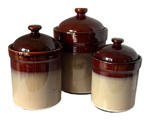 LR - Vintage Sango Nova Brown Stoneware 3-Piece Canister Set