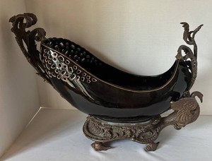 LR - Vintage Castilian Black & Brass Swan Design Porcelain Planter