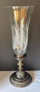 K - Ornate Etched Glass & Metal Pedestal Hurricane Candle Holder