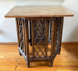 K - Vintage Faux Bamboo Lattice Framed Accent Table