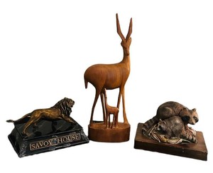 LLR - Animal Figurine Mixed Lot - Carved Deer, Savoy House Lion & Raccoons