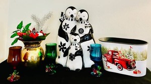 LLR - Holiday Decor Mixed Lot - Penguin Cookie Jar, Goblets & Christmas Bin