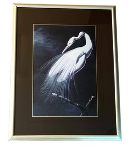 LLR - Framed Heron Artwork - White Bird Wall Decor
