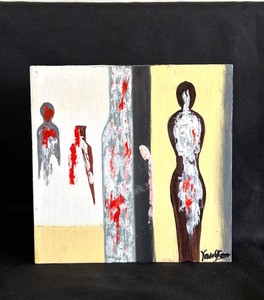 O - Enamel Painting - Abstract Figurative Signed Metal Panel