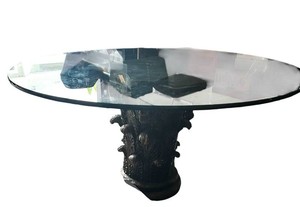 G - Round Glass-Top Pedestal Dining Table - Ornate Metal Base