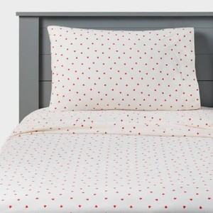 Pillowfort Twin Cotton Sheet Set Red Hearts White 220 Thread Count 3 Piece