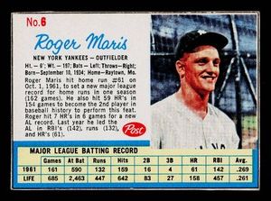Roger Maris 1962 Post #6 Vintage Baseball Card