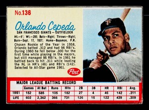 Orlando Cepeda 1962 Post #136 Vintage Baseball Card