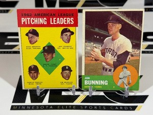 Jim Bunning 2 Card 1963 Topps Lot #365 and #8 Pitching Leaders Vintage Baseball Card