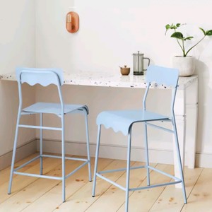 $60 Light Blue Metal Counter-Height Stools with Wavy Edge Design