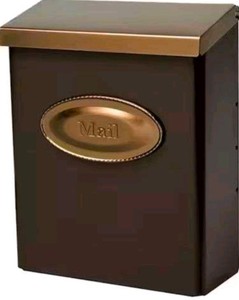 Lot 97  Locking Wall-Mount Mailbox, Bronze with Nickel Lid and Brass Mail Plaque