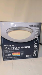 Lot 106  Hampton Bay Withers 13 in. LED Flush Mount, Brushed Nickel, Frosted White Glass