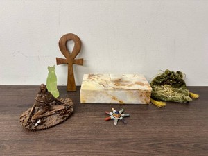 Mixed Lot Disney Figurine, Carved Ankh, Stone Box & Decor