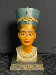 Vintage Nefertiti Bust Egyptian Revival Figurine With Hieroglyphic Base