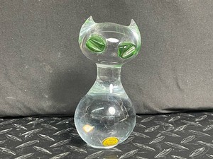 Swedish Art Glass Cat Figurine With Green Eyes