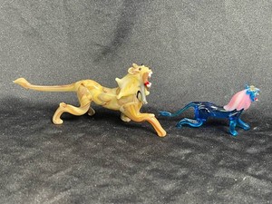 Glass Lion Figurines - Yellow and Blue Pair