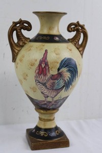 Decorative Ceramic Urn Vase With Twin Handles and Rooster Artwork 15H