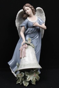 Porcelain Angel Figurine With Bell and Floral Base 8H