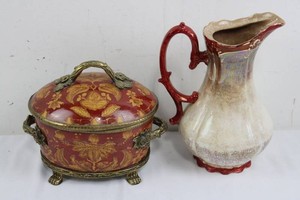 Porcelain Covered Dish & Iridescent Floral Pitcher Mixed Lot