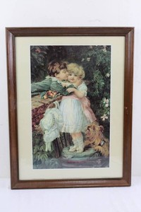 Framed Children and Dog Garden Print - 26.5 X 20 in
