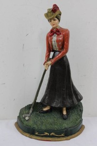 Painted Woman Riding Figurine With Mallet and Decorative Base 15 H