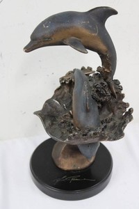 Signed Bronze-Tone Dolphin Sculpture on Ocean Base 13H