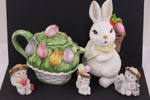 Easter Decor Mixed Lot - Teapot, Bunny & 3 Cherub Figurines