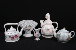 Porcelain Teapots, Floral Basket & Figural Ewer 5-Piece Mixed Lot