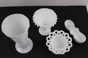 White Milk Glass Hobnail Vase, Bowls & Dish