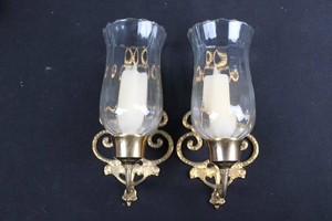 Pair of Ornate Brass-Tone Wall Sconces With Glass Shades 10H