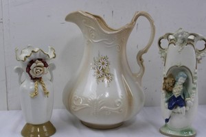 Porcelain Floral Pitcher, Rose Vase & Figural Vase Mixed Lot (Lot of 3)