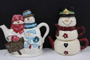 Holiday Ceramic Snowman Teapots - Assorted Designs (Lot of 2) 8H