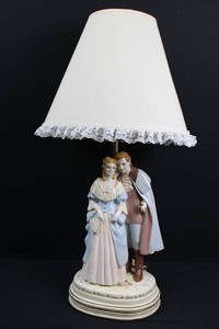 Figural Porcelain Couple Table Lamp With Lace-Trim Shade 25H
